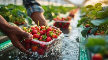 Harvesting juicy red strawberries in a modern greenhouse environment with careful hands
