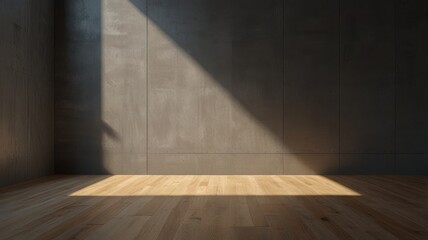 Sunlight streams into a minimalist room, illuminating a wooden floor and a concrete wall.