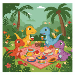Obraz premium Cheerful dinosaurs enjoy a tropical picnic with fruit, sandwiches, and drinks.