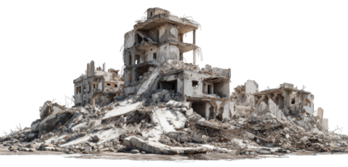 Ruined multi-story building complex, collapsed and in debris