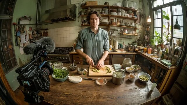 An eco-blogger skillfully chops vegetables for a wholesome fava bean stew. The charming kitchen is filled with natural light, showcasing fresh ingredients and rustic decor, creating a warm atmosphere.