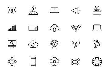 A dynamic bundle of line illustrations highlighting internet speed, signal strength, and network tools. Excellent for telecom brands, SaaS platforms, and server infrastructure content.