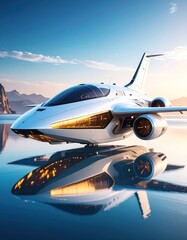 Futuristic private jet on calm water