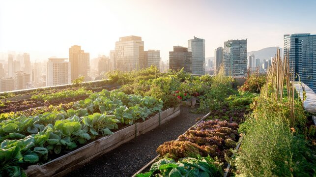 Urban rooftop garden with vegetables, skyline view, sustainable farming idea in morning glow, ideal for green living blogs, city planning visuals, or eco-awareness projects. Vibrant and fresh.
