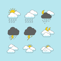Obraz premium Weather forecast icons depict sunny, rainy, and stormy conditions with clouds, sun, moon, and lightning on a light blue background for use in design projects.