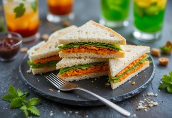 Close up of fresh layered sandwiches with vibrant greens and spicy filling served on a slate plate