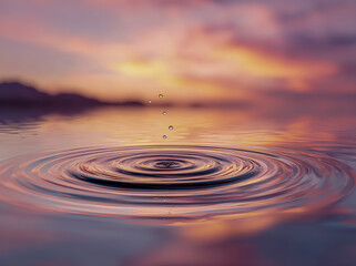 circular ripples on a water surface with a blurred background of a pastel sky at sunset, isolated on a white background.