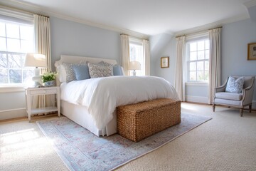 Light and airy bedroom with a crisp light blue painted wall, a plush white bed, a woven storage trunk, and two windows