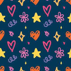 Abstract doodle hand drawn seamless pattern background. Star, heart and flower for wrapping and wallpaper