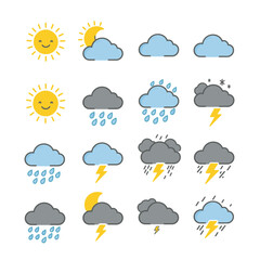 Obraz premium Weather forecast icons depict sunny, cloudy, rainy, and stormy conditions, providing a comprehensive overview of meteorological possibilities for design purposes.