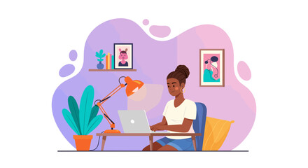 Young woman working from home on laptop, perfect for website banners or blog posts about remote work.