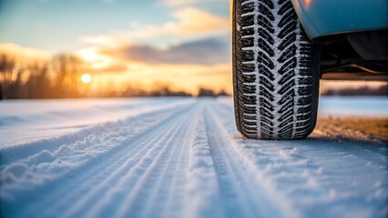 Winter tire on snowy road at sunset