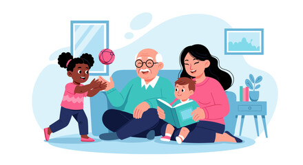 Happy multigenerational family spending quality time together at home. Ideal for websites, brochures, and family-themed projects.