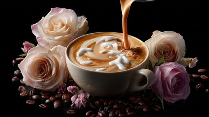 Coffee being poured into a cup with foamy design and surrounded by roses and coffee beans