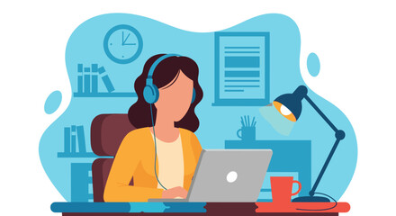 Woman working from home on laptop, wearing headphones. Perfect for blog posts about remote work, productivity, or online learning.