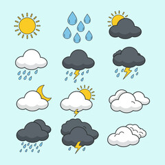 Obraz premium A set of twelve colorful weather icons depicts various weather conditions such as sun, rain, clouds, lightning, and moon, ideal for weather apps or websites needing a modern and cute aesthetic.