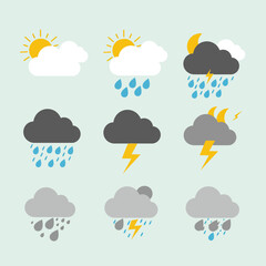 Obraz premium Collection of nine weather icons depicting various weather conditions such as sun, rain, clouds, lightning, and combinations thereof, in a flat design style, suitable for websites, apps, and
