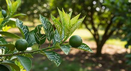 Close-up of a citrus tree branch with unripe limes and leaf miner damage.