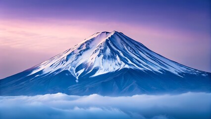 Majestic mount fuji peak above clouds at sunrise
