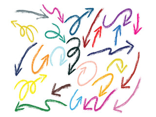 Bold crayon drawn arrows set Collection of thick kid grunge geometric abstract arrows Grunge doodle black different directions. Vector elements with pencil texture, scribble icons