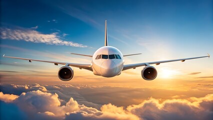 Passenger airplane flying through clouds at sunset