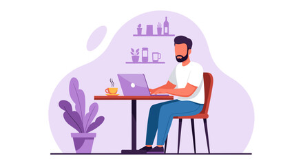 Man working on laptop in cafe, perfect for websites and blogs about remote work, freelancing, or coffee shop culture.