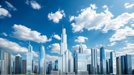 Modern city skyline under a bright blue sky with fluffy clouds