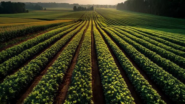 Golden light casts a serene glow over sprawling rows of thriving fava bean fields at dusk, painting a picture of agricultural beauty and abundance in the countryside.