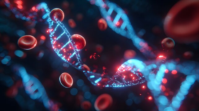 Glowing blue DNA strands twist among red blood cells.