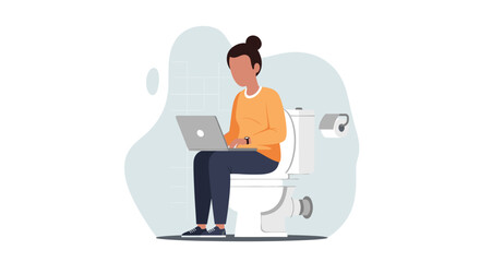 Person working on laptop while sitting on toilet, humorous illustration for social media or website.