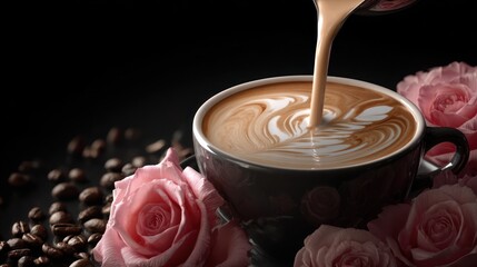 Latte art being poured into a dark cup with pink roses, surrounded by coffee beans