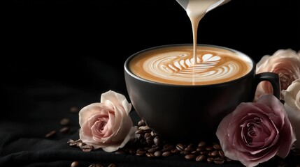 Pouring of milk into a cup, creating a latte art surrounded by roses and coffee beans