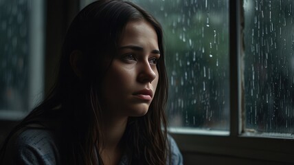 A young woman gazes pensively out a rain-streaked window, her expression conveying sadness and contemplation.