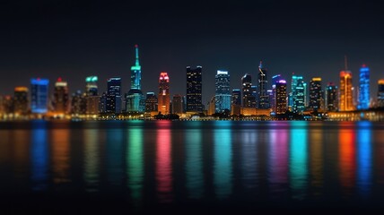 Vibrant cityscape at night, illuminated skyscrapers reflected in calm water.