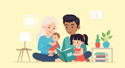 Happy family reading a book together at home - perfect for family blogs, children's books, or parenting websites.