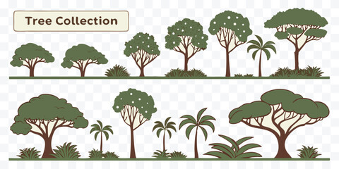 Diverse Tree Collection Vector Illustration for Landscaping and Environmental Design Projects Green Foliage and Branch Silhouettes