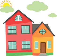 Charming cartoon houses with sun and clouds whimsical