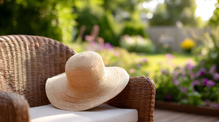 Straw sun hat resting on a wicker chair in a vibrant garden, surrounded by colorful flowers and lush greenery, evoking a serene and relaxing outdoor atmosphere