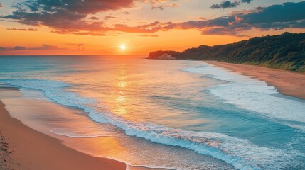 Serene sunset over a tranquil beach with waves