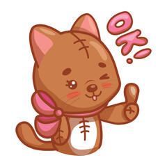 Cute kawaii cat character with OK gesture and wink - funny vector illustration