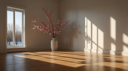 Interior view of a sunlit room with a vase of flowering branches near a window.