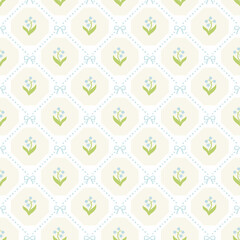 Vintage style floral seamless pattern, lily of the valley flowers and blue ribbons.