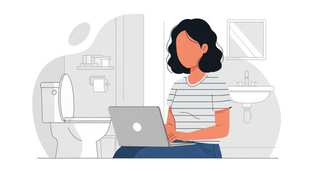 Woman working on laptop in bathroom, perfect for articles about remote work or work-life balance.