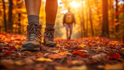Hiking boots on a colorful autumn forest path with a distant hiker