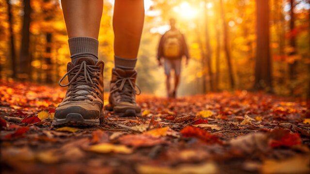 Hiking boots on a colorful autumn forest path with a distant hiker - Powered by Adobe