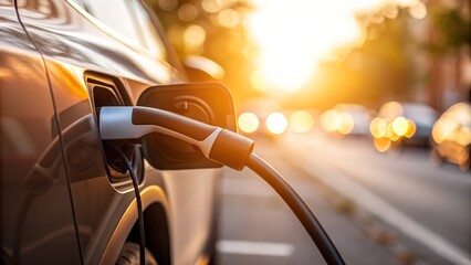 Electric car charging on a sunny street at sunset