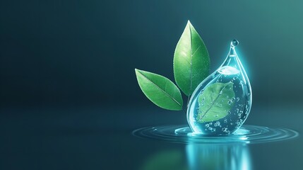 Water drop with leaf inside and green leaves nearby on a dark teal background with ripples below