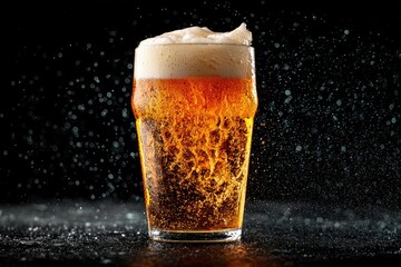 Close-up of a beer glass with foam and splashing
