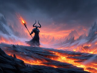 Dark figure in fiery landscape