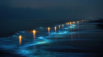 Long exposure photo showcasing lanterns along a shoreline at dusk, reflecting light on the waves